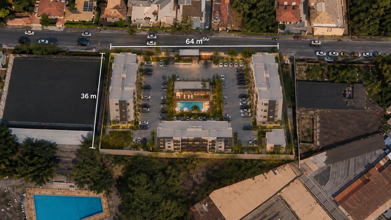 Render aéreo do empreendimento no terreno de exemplo em Piatã: blocos residenciais em volta de um pátio com piscina, num lote de 64 m por 36 m